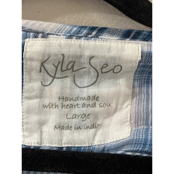 Kyla Seo blue white plaid floral embroidered short sleeve boho tunic shirt large - Picture 3 of 10